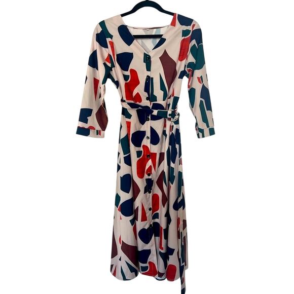 Mosaic Print Shirt Dress - Blue Orange Cream Green Belted Button Down - S - Picture 2 of 10